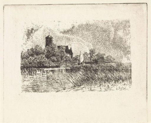 View of the Saint Urbanus Church at Bovenkerk with a small sailing boat on the water