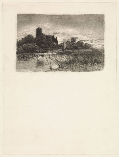 View of the Saint Urbanus Church at Bovenkerk with a small sailing boat on the water