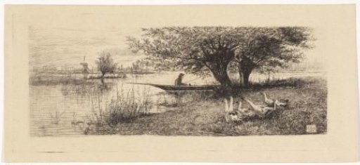 River landscape with a man in a boat