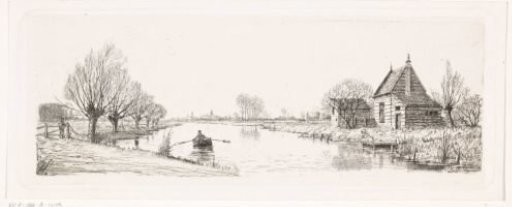 River landscape with a wooden house