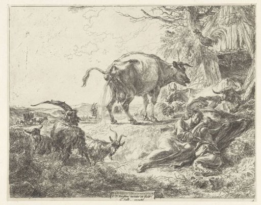 Sleeping shepherd family and resting cattle
