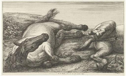 Two fallen horses, the left one seen from the front