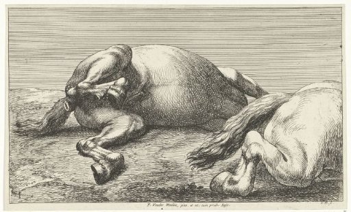 Two fallen horses, the right one seen from the side