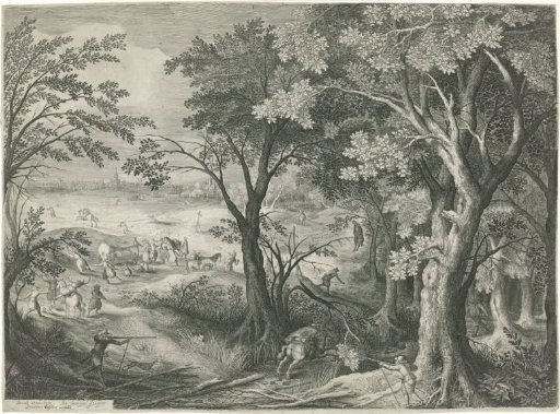 Highwaymen attack travellers in a landscape