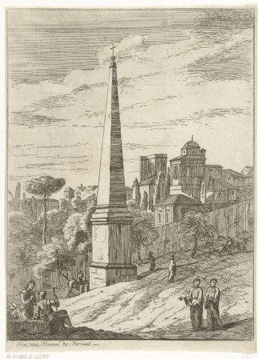 Italianate landscape with obelisk and view of a city