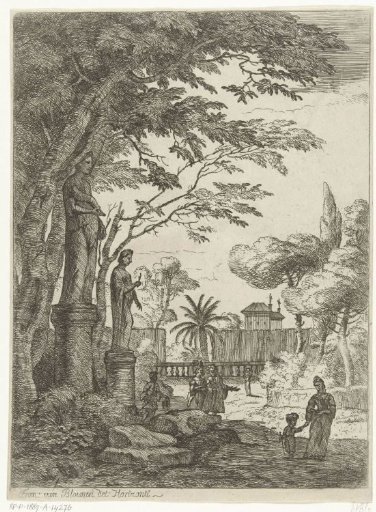 Italianate landscape with two statues and walkers in a park