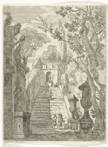 Italianate landscape with walkers at a staircase in a garden
