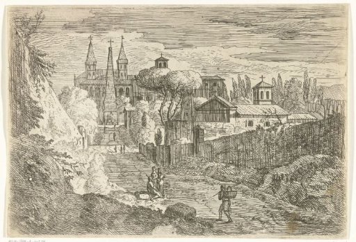 Italianate landscape with travellers at city walls