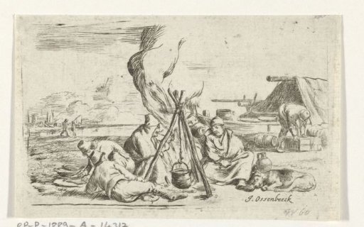 Five soldiers around a campfire