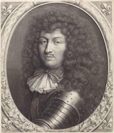 Portrait of Louis XIV, King of France, with bow in an oval frame with lilies