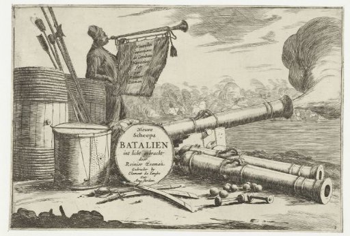 Title page with the equipment of a warship and a trumpeter