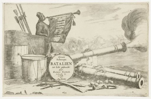 Title page with the equipment of a warship and a trumpeter