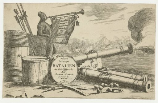 Title page with the equipment of a warship and a trumpeter
