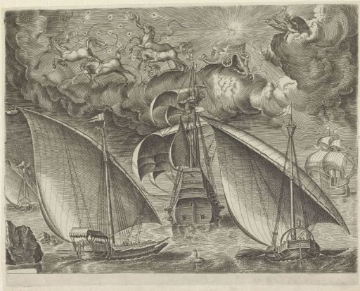 Two galleys behind a three-master, with the Fall of Phaëthon in the sky