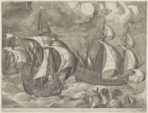Three warships, with Arion on a dolphin in the foreground