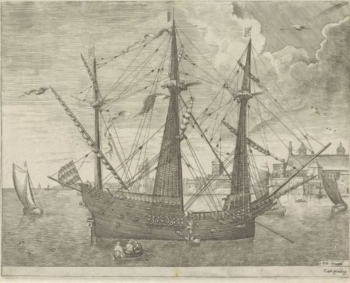 Three-master at anchor before a city