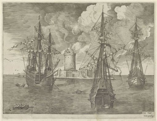 Three warships at anchor before a lighthouse
