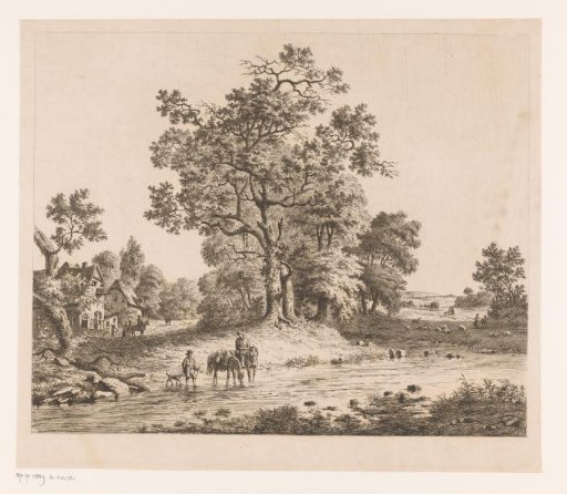 Landscape along the Sambre, a Rider with Two Horses in the Water Next to a Man with a Dog