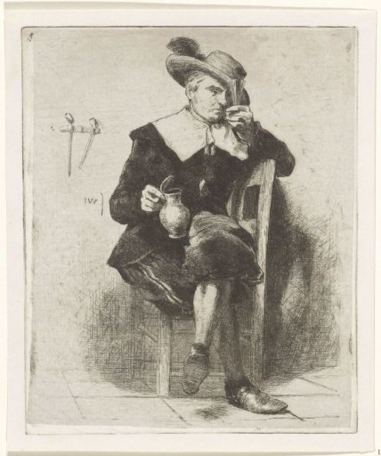 Man with jug and glass on a chair