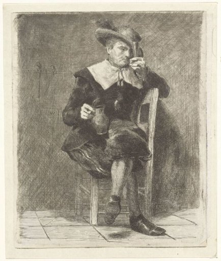 Man with jug and glass on a chair