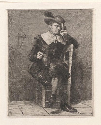 Man with jug and glass on a chair