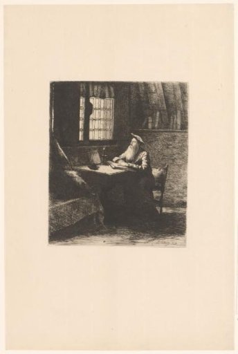 Man seated at a table with an open book looking out through a window