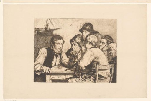 Sailors seated at a table listening to one of them