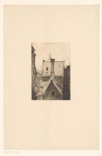 View of roofs with a chimney, in the background a church