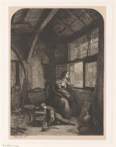 Woman with two sleeping children waiting by an open window
