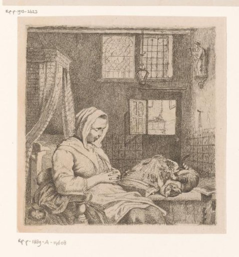 Sleeping lace worker in an interior with a cat on the table