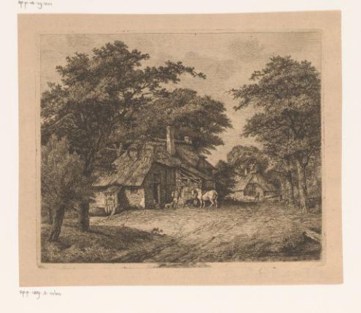 White horse at a manger in front of a farm