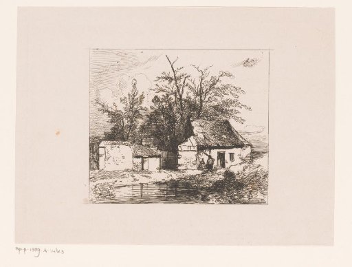 View of a small thatched house with a stream in the foreground