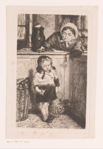 Child with a basket at a counter with a woman behind it
