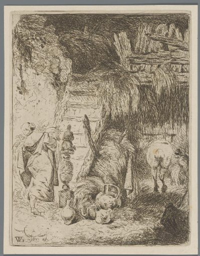 Peasant woman climbing a ladder in a barn
