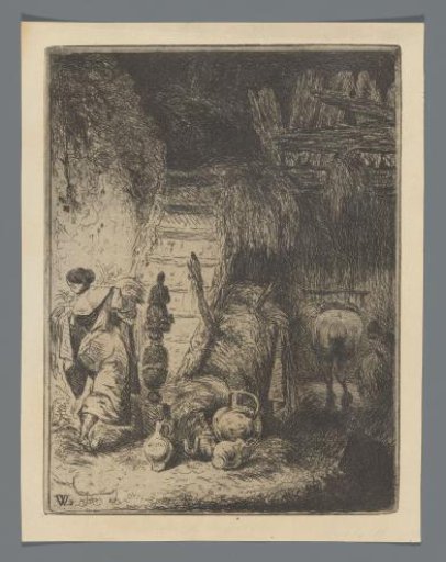 Peasant woman climbing a ladder in a barn