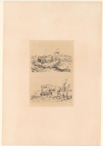 Landscape with donkey and foal and a depiction with horses