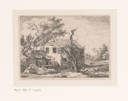 Landscape with watermill and a fisherman
