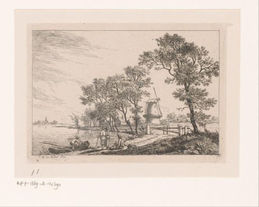 Landscape with figures along a bank and a windmill