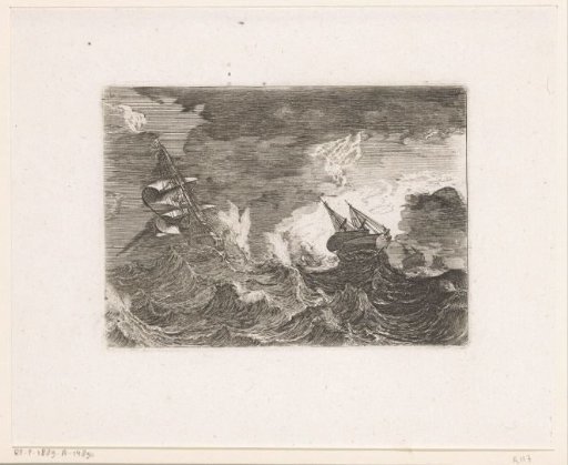Five sailing ships at sea during a storm