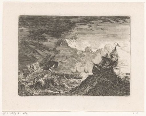 Two sailing ships lifted by the waves during a storm