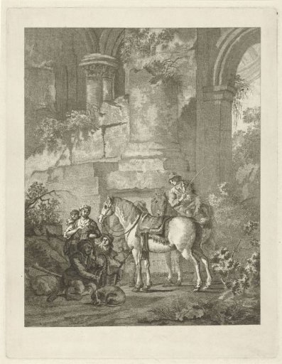 Travelers by a ruin