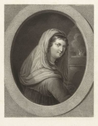 Young woman with veil, a fire in the background
