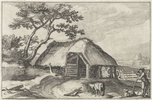 Farmhouse and Shepherd with Dog and Goat