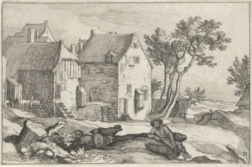 Farmhouse and shepherd with sheep