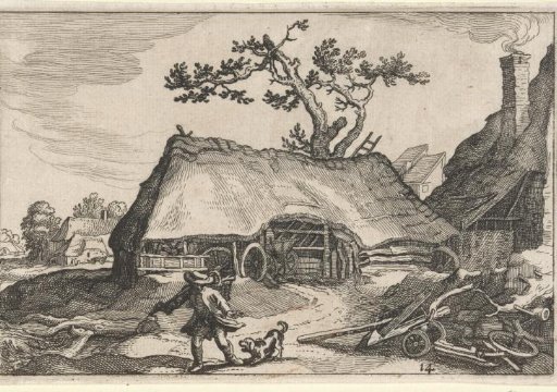 Farmhouse with a man and a barking dog
