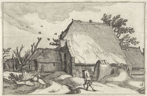 Farmhouse and a man with two buckets