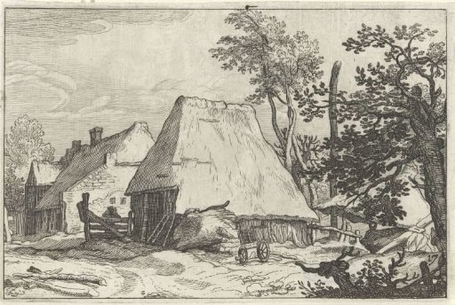 Farmyard with a man leaning against a fence