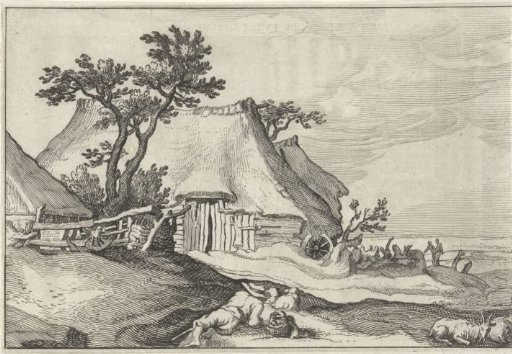 Farmhouse and shepherd with sheep and goats