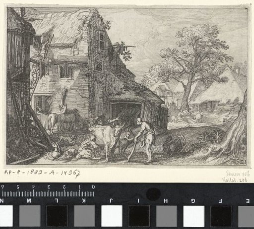 Farmyard with people and livestock