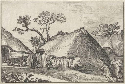 Farmhouse and a cart in a yard